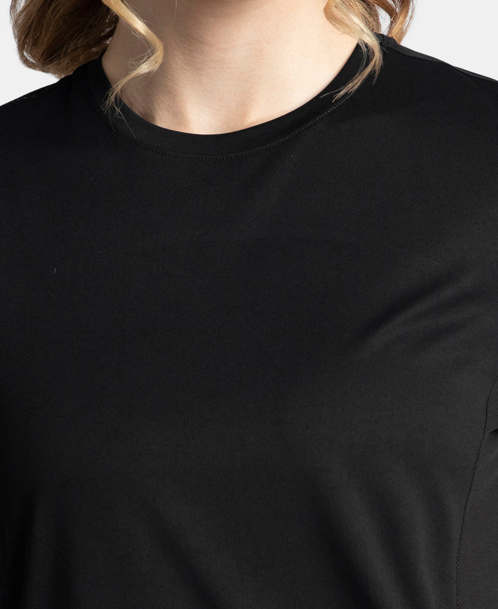 Microfiber Fabric Regular Fit Half Sleeve Breathable Mesh T-Shirt with Curved Hem Styling - Black