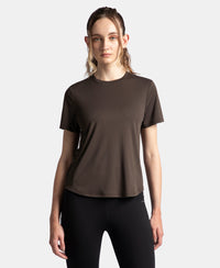 Microfiber Fabric Regular Fit Half Sleeve Breathable Mesh T-Shirt with Curved Hem Styling - Coffee