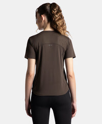 Microfiber Fabric Regular Fit Half Sleeve Breathable Mesh T-Shirt with Curved Hem Styling - Coffee