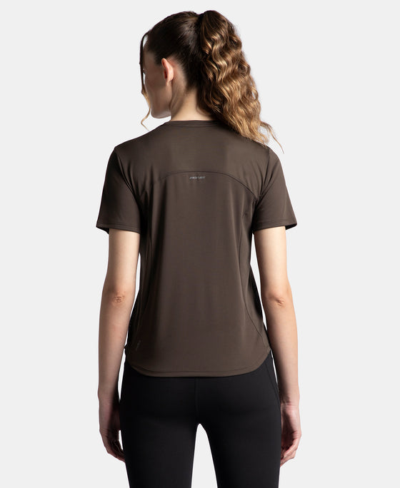 Microfiber Fabric Regular Fit Half Sleeve Breathable Mesh T-Shirt with Curved Hem Styling - Coffee