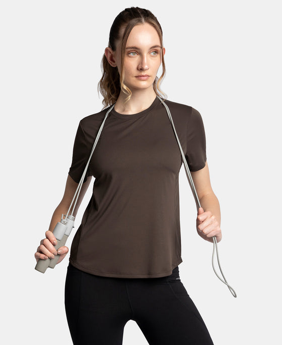 Microfiber Fabric Regular Fit Half Sleeve Breathable Mesh T-Shirt with Curved Hem Styling - Coffee