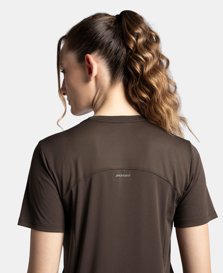 Microfiber Fabric Regular Fit Half Sleeve Breathable Mesh T-Shirt with Curved Hem Styling - Coffee