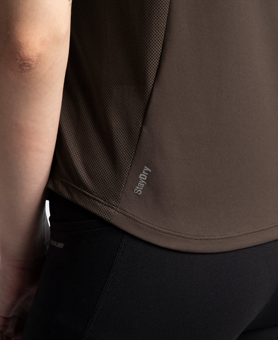 Microfiber Fabric Regular Fit Half Sleeve Breathable Mesh T-Shirt with Curved Hem Styling - Coffee