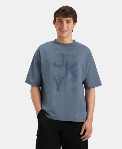 Super Combed Cotton Rich Graphic Printed Oversized T-Shirt - China Blue