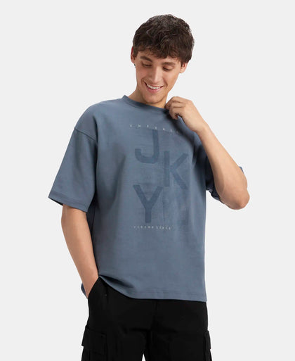 Super Combed Cotton Rich Graphic Printed Oversized T-Shirt - China Blue