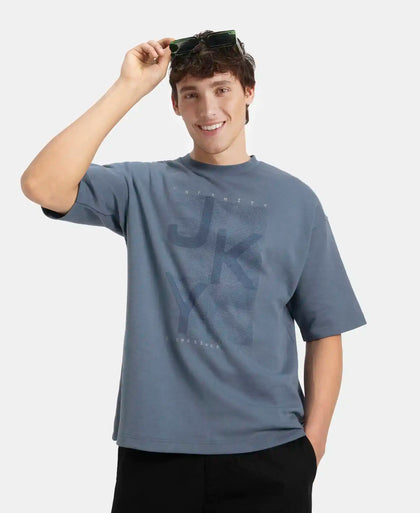 Super Combed Cotton Rich Graphic Printed Oversized T-Shirt - China Blue