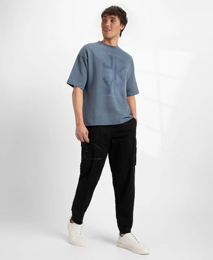 Super Combed Cotton Rich Graphic Printed Oversized T-Shirt - China Blue