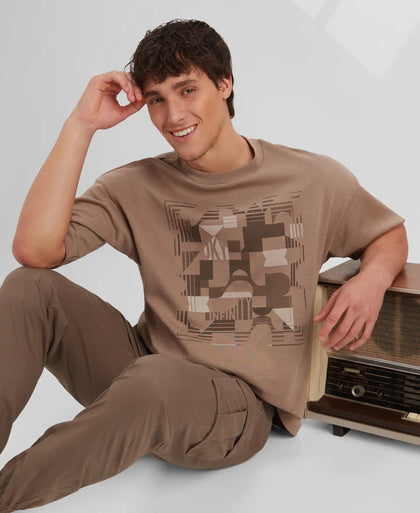 Super Combed Cotton Rich Graphic Printed Oversized T-Shirt - Taupe Grey