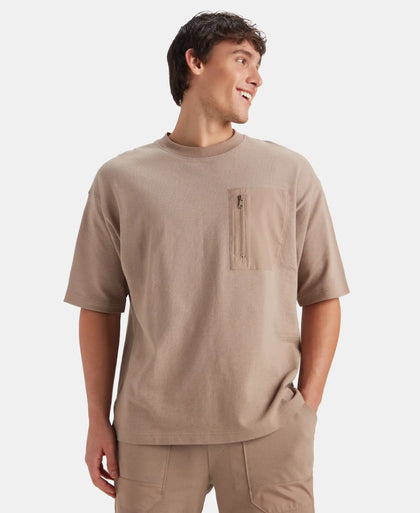 Super Combed Cotton Oversized T-Shirt with Zipper Pocket - Taupe Grey