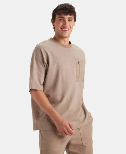 Super Combed Cotton Oversized T-Shirt with Zipper Pocket - Taupe Grey