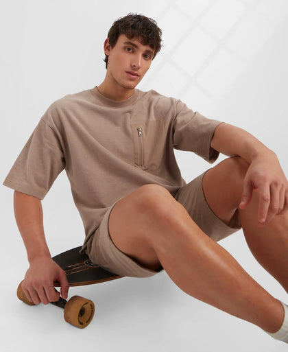 Super Combed Cotton Oversized T-Shirt with Zipper Pocket - Taupe Grey