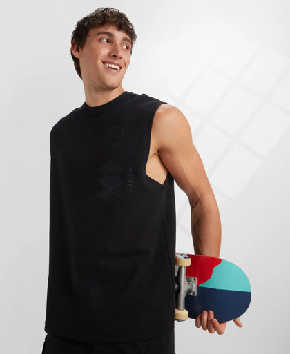 Super Combed Cotton Rich Graphic Print Oversized Tank Top - Deep Black