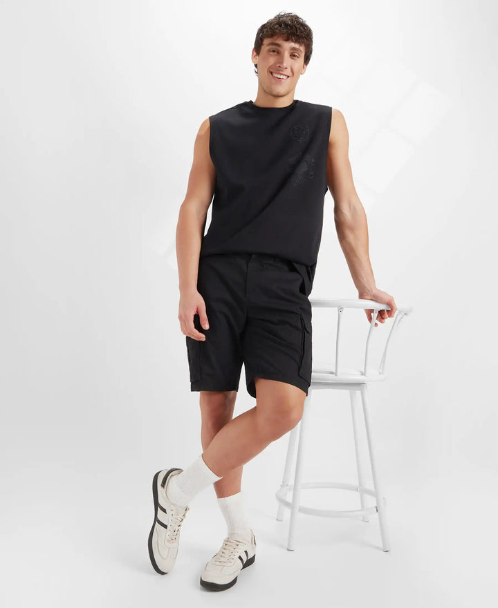 Super Combed Cotton Woven Straight Fit Cargo Shorts with Seven Pockets - Black