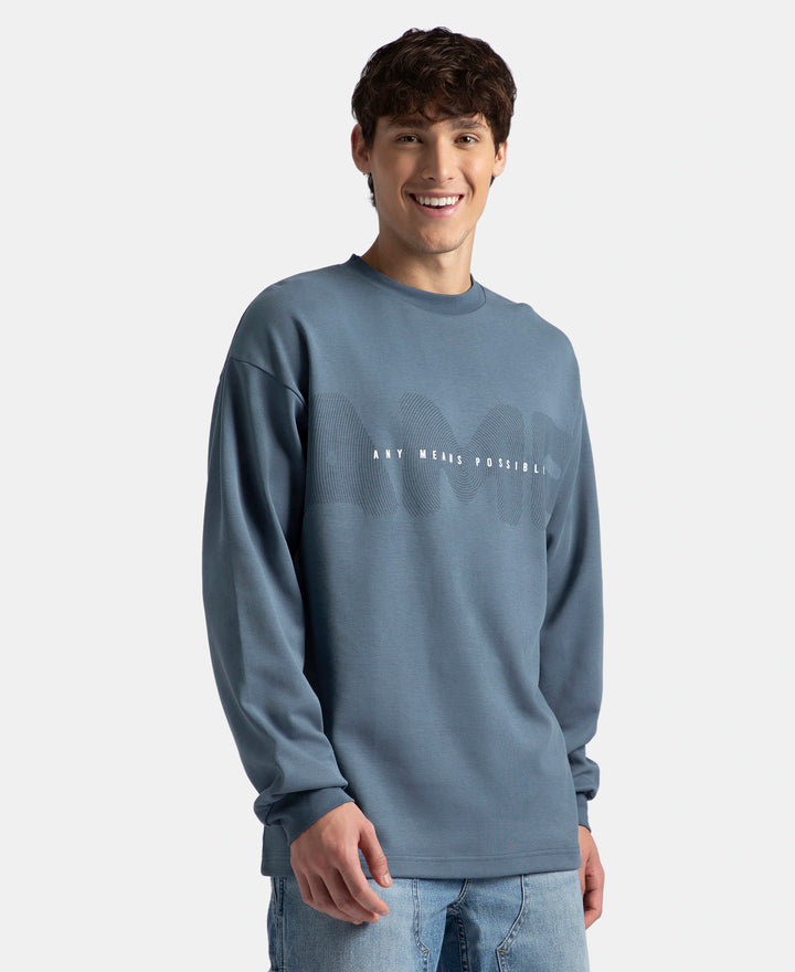 Super Combed Cotton Rich Oversized Fit Graphic Printed Full Sleeve T-Shirt - China Blue