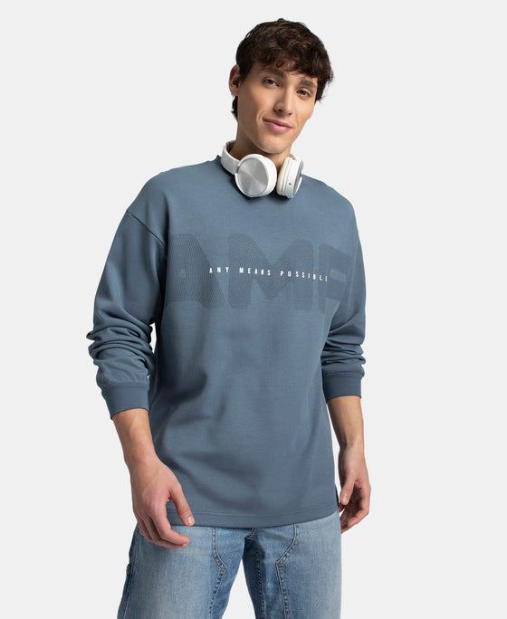 Super Combed Cotton Rich Oversized Fit Graphic Printed Full Sleeve T-Shirt - China Blue