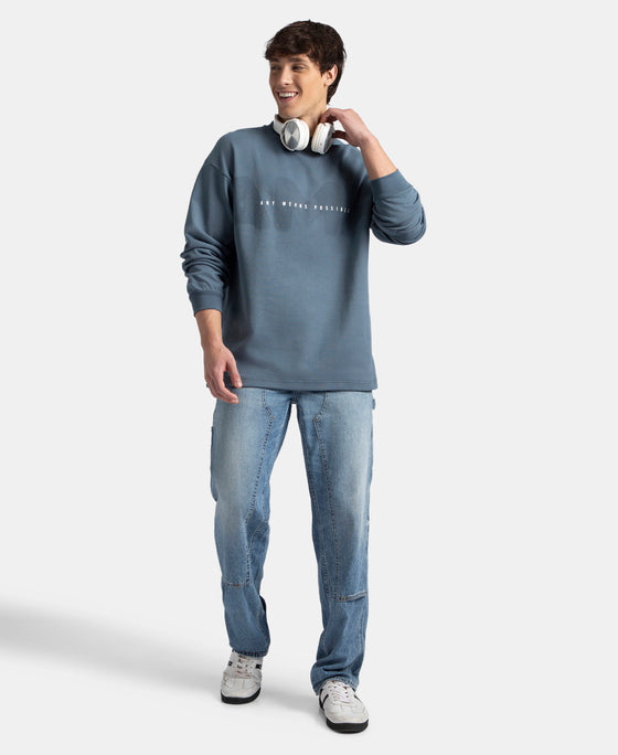 Super Combed Cotton Rich Oversized Fit Graphic Printed Full Sleeve T-Shirt - China Blue