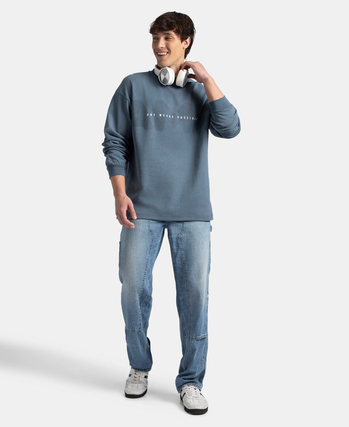 Super Combed Cotton Rich Oversized Fit Graphic Printed Full Sleeve T-Shirt - China Blue