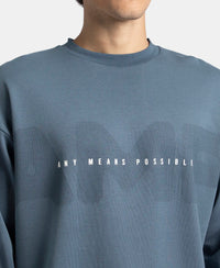 Super Combed Cotton Rich Oversized Fit Graphic Printed Full Sleeve T-Shirt - China Blue