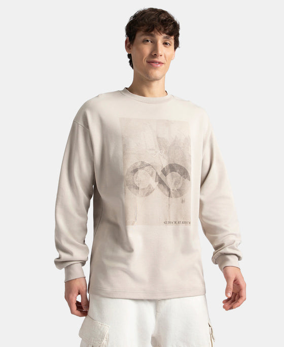 Super Combed Cotton Rich Oversized Fit Graphic Printed Full Sleeve T-Shirt - Dove