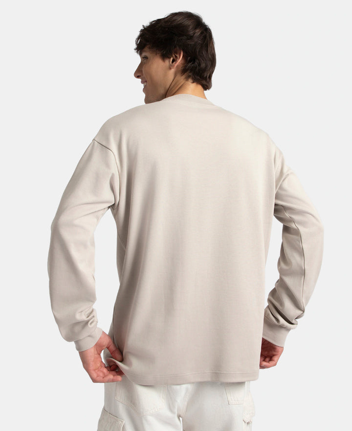 Super Combed Cotton Rich Oversized Fit Graphic Printed Full Sleeve T-Shirt - Dove