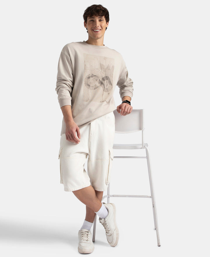 Super Combed Cotton Rich Oversized Fit Graphic Printed Full Sleeve T-Shirt - Dove