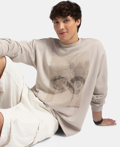 Super Combed Cotton Rich Oversized Fit Graphic Printed Full Sleeve T-Shirt - Dove