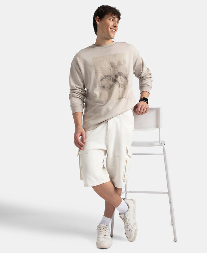Super Combed Cotton Rich Oversized Fit Graphic Printed Full Sleeve T-Shirt - Dove