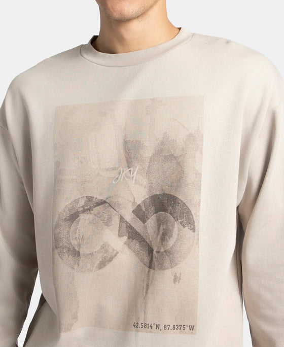 Super Combed Cotton Rich Oversized Fit Graphic Printed Full Sleeve T-Shirt - Dove