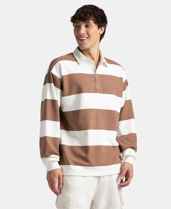 Super Combed Cotton Rich Full Sleeve Striped Polo T-Shirt with Ribbed Cuff - Acorn & Snow White