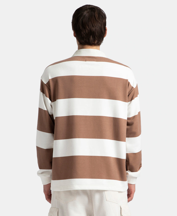 Super Combed Cotton Rich Full Sleeve Striped Polo T-Shirt with Ribbed Cuff - Acorn & Snow White