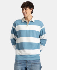 Super Combed Cotton Rich Full Sleeve Striped Polo T-Shirt with Ribbed Cuff - Blue Heaven & Snow White
