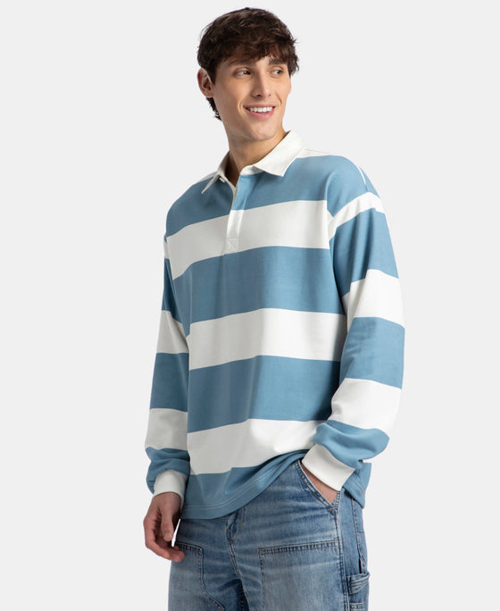 Super Combed Cotton Rich Full Sleeve Striped Polo T-Shirt with Ribbed Cuff - Blue Heaven & Snow White