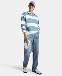 Super Combed Cotton Rich Full Sleeve Striped Polo T-Shirt with Ribbed Cuff - Blue Heaven & Snow White