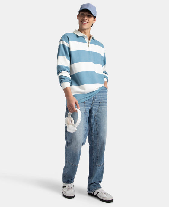 Super Combed Cotton Rich Full Sleeve Striped Polo T-Shirt with Ribbed Cuff - Blue Heaven & Snow White