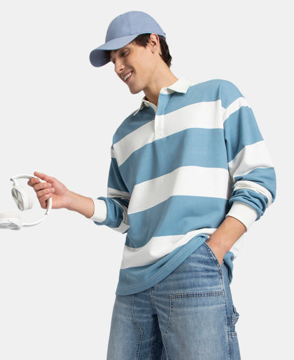 Super Combed Cotton Rich Full Sleeve Striped Polo T-Shirt with Ribbed Cuff - Blue Heaven & Snow White