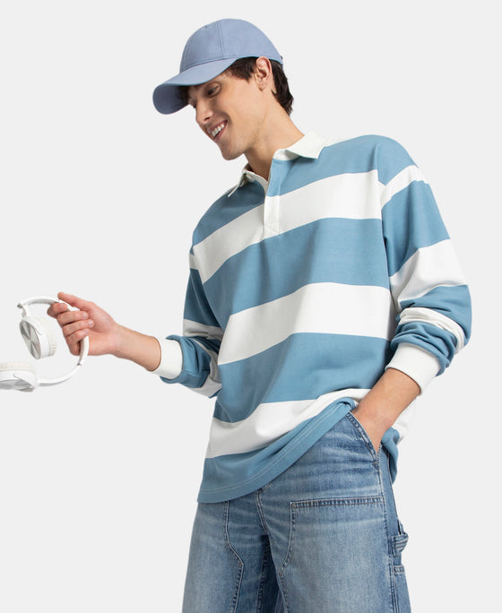 Super Combed Cotton Rich Full Sleeve Striped Polo T-Shirt with Ribbed Cuff - Blue Heaven & Snow White