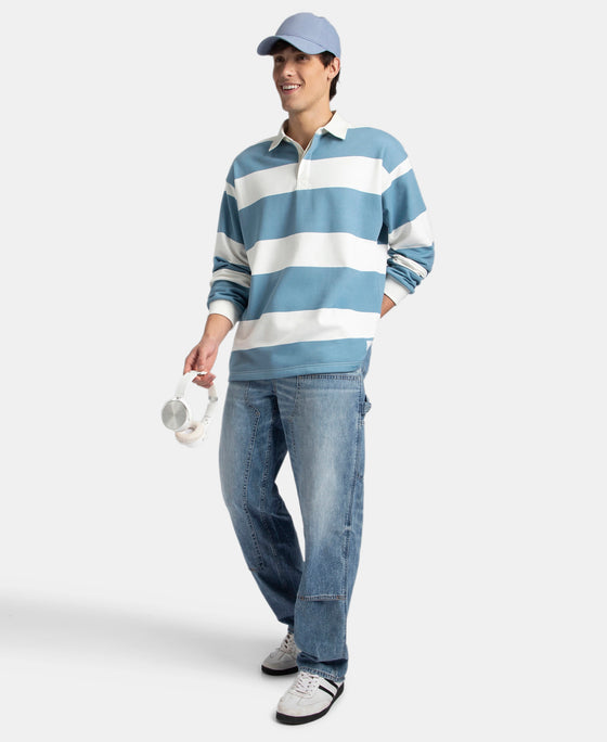 Super Combed Cotton Rich Full Sleeve Striped Polo T-Shirt with Ribbed Cuff - Blue Heaven & Snow White