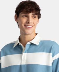Super Combed Cotton Rich Full Sleeve Striped Polo T-Shirt with Ribbed Cuff - Blue Heaven & Snow White