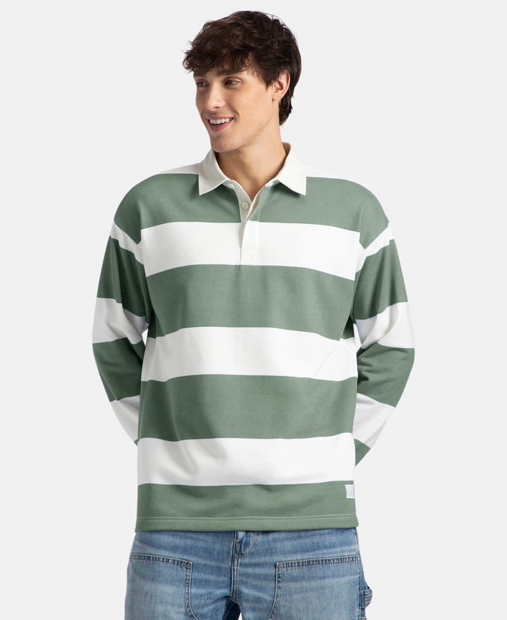 Super Combed Cotton Rich Full Sleeve Striped Polo TShirt with Ribbed Cuff - White & Dark Forest