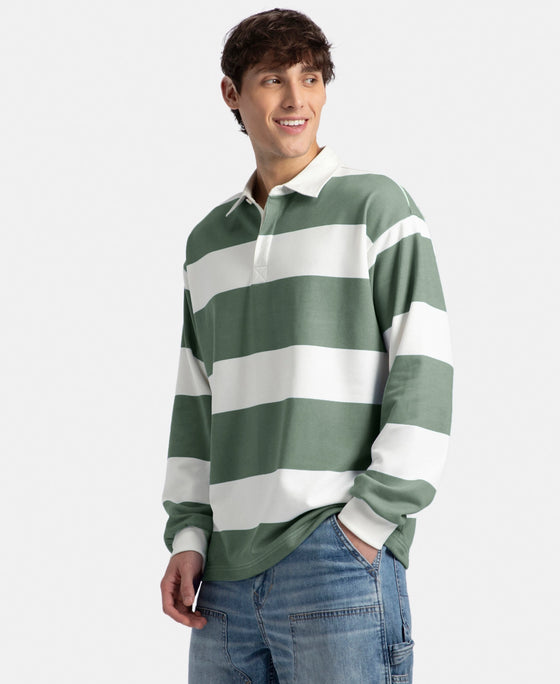 Super Combed Cotton Rich Full Sleeve Striped Polo TShirt with Ribbed Cuff - White & Dark Forest