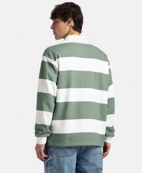Super Combed Cotton Rich Full Sleeve Striped Polo TShirt with Ribbed Cuff - White & Dark Forest