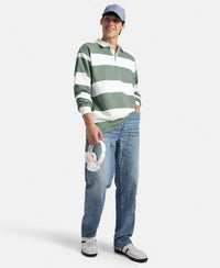 Super Combed Cotton Rich Full Sleeve Striped Polo TShirt with Ribbed Cuff - White & Dark Forest