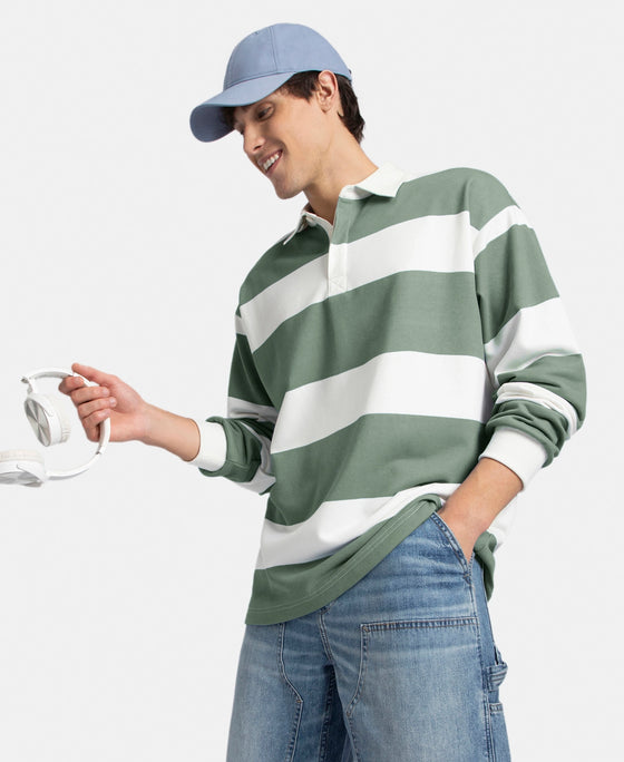 Super Combed Cotton Rich Full Sleeve Striped Polo TShirt with Ribbed Cuff - White & Dark Forest