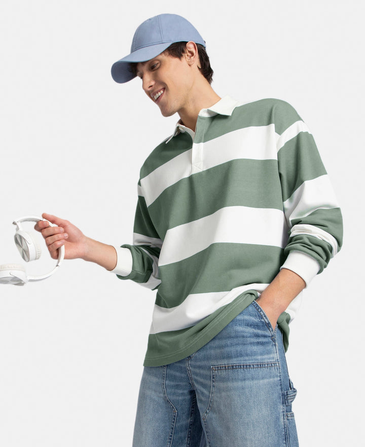 Super Combed Cotton Rich Full Sleeve Striped Polo TShirt with Ribbed Cuff - White & Dark Forest