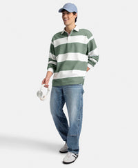 Super Combed Cotton Rich Full Sleeve Striped Polo TShirt with Ribbed Cuff - White & Dark Forest