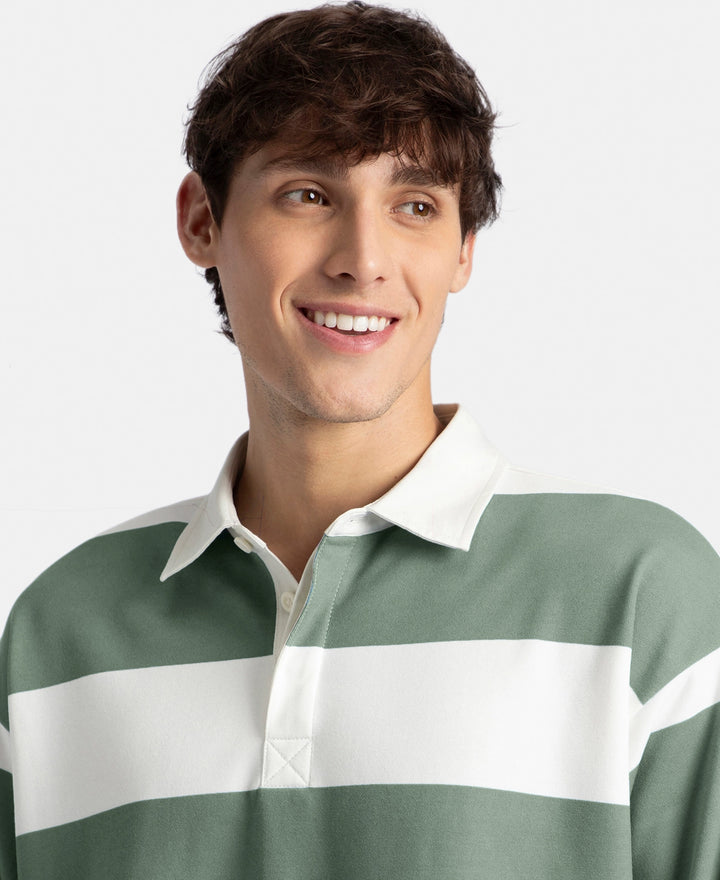 Super Combed Cotton Rich Full Sleeve Striped Polo TShirt with Ribbed Cuff - White & Dark Forest