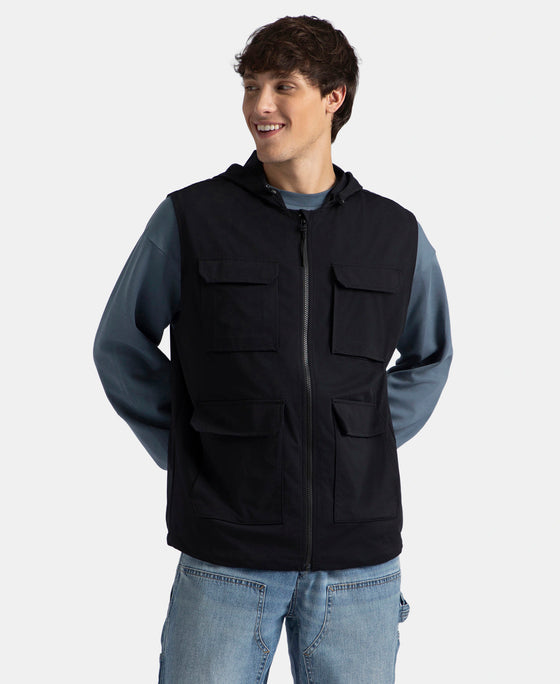 Microfiber Fabric 6 Pocket Full Zip Closure Hoodie Gilet - Black