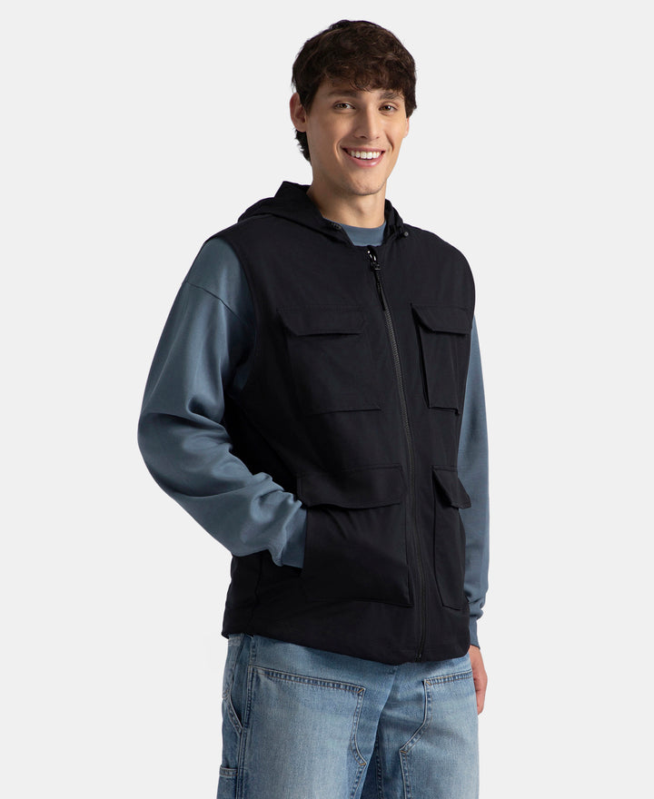 Microfiber Fabric 6 Pocket Full Zip Closure Hoodie Gilet - Black