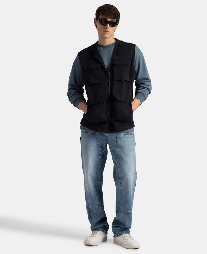 Microfiber Fabric 6 Pocket Full Zip Closure Hoodie Gilet - Black