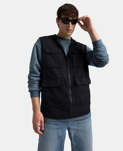 Microfiber Fabric 6 Pocket Full Zip Closure Hoodie Gilet - Black